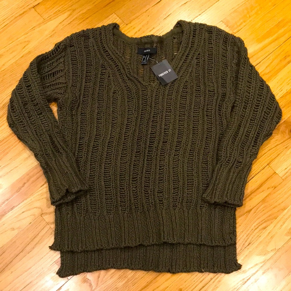 NWT F21 FOREVER 21 Olive Army Green V Neck Sheer Holey Sweater Sz M